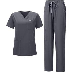 Women's Scrub Set, V-Neck Top & Straight Leg Pants w/ 6 Pockets, Medical Scrubs Top & Pants (Medium, Grey)