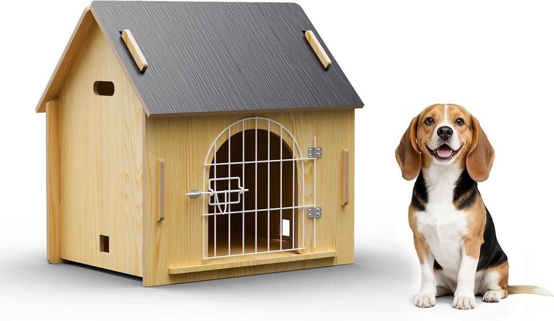 Indoor Dog House, Cozy Wooden Design with Ventilation and Raised Base, Small Bed House with Door Lock Suitable for Small Dogs or Cats, Gray, 20"x 15.75"x 20.5"