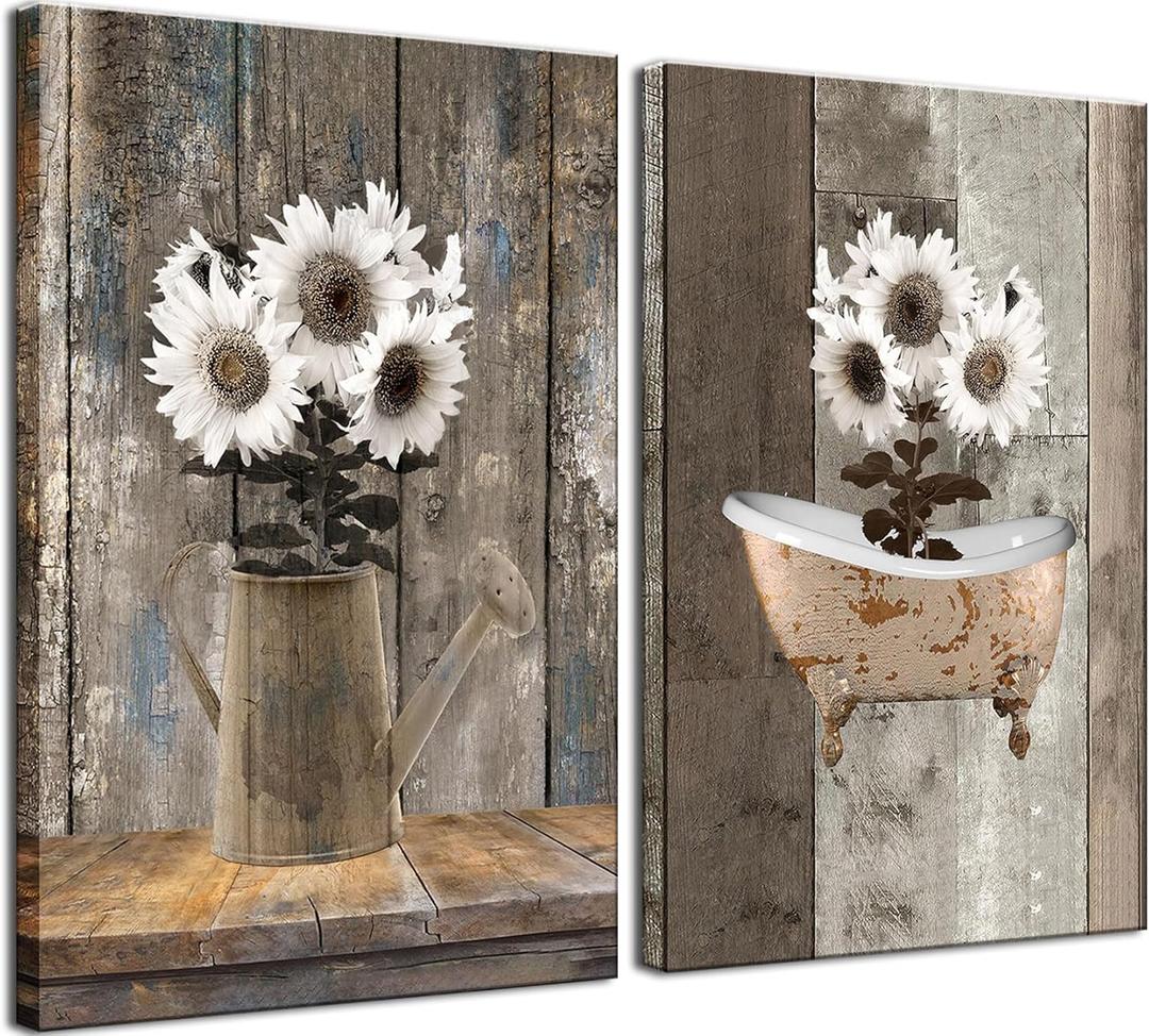 2 pcs Framed Rustic Farmhouse White Sunflowerf Canvas Wall Art Vintage Flower Wood Grain Bathtub Pictures Paintings Posters Prints Wall Decor for Bathroom Living Room Bedroom Hotel Artwork 16x24inch2