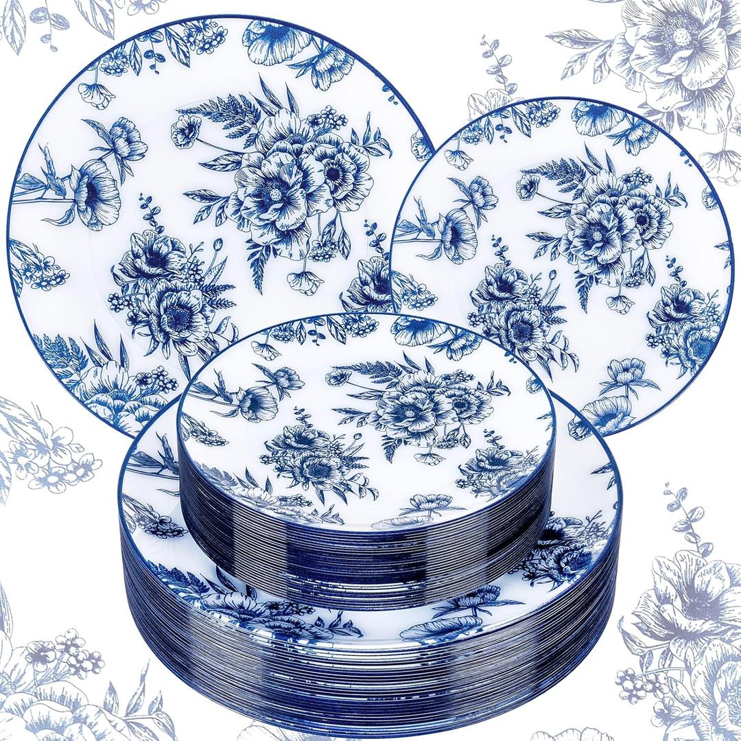 60PCS Blue Floral Plates Disposable - Blue Plastic Plates - Blue and White Plate Include 30 Dinner & 30 Dessert Plates for Bridal Birthday Wedding Spring Party Decorative Retro-Blue White Floral