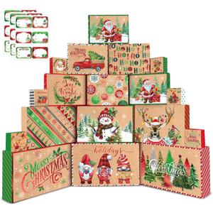 Pickmesh 18 Pcs Kraft Christmas Gift Boxes with Lids 18 Size Foil Xmas Wrapping Box Bulk Merry Christmas Shirt Box with Label Sticker for Xmas Holiday Party Sweater Cloth Gift Wrapping Supplies Decor