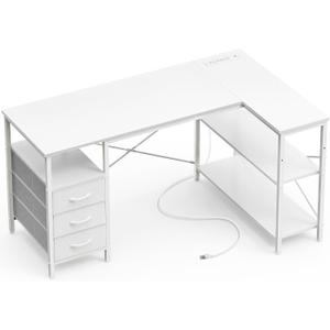 Huuger L Shaped Office Desk with Power Outlets, 47 Inch Computer Desk with 3 Drawers, Shelves, for Gaming, Corner Work, Home Office, Study, White