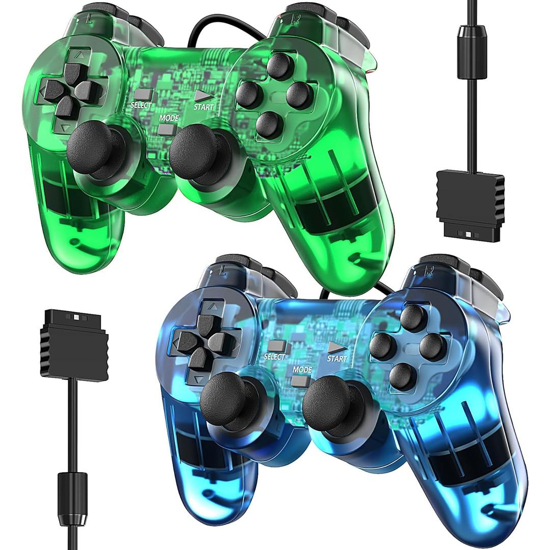 Degulan Wired Controller for PS-2 High Performance Double Shock Gamepad Joystick Remote Compatible with Play 2 (ClearGreen and ClearBlue)