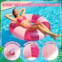 48" Giant Glitter Inflatable Swim Floats with Large Cup Holder Jumbo Pink Striped Pool Ring Fun Print Pool Lounger Tube for Adult Summer Swimming Beach Party Supplies