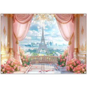 7x5ft Spring Paris Terrace Backdrop Eiffel Tower Pink Curtain Roses European City Landscape Photography Background Girls Party Decorations Photo Booth Banner