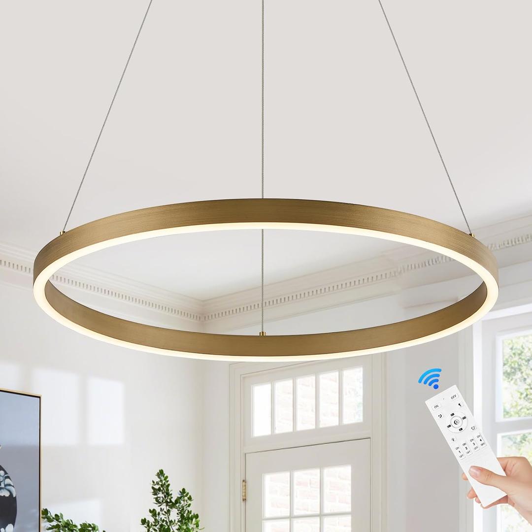 Benkut Modern LED Ring Chandelier Gold Circular Pendant Light Fixture Dimmable Round Hanging Light with Remote LED Chandelier for Dining Room Kitchen Island Living Room, D23.6in