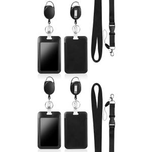 Black 4Pack Vertical ID Badge Holders with 2PCS Lanyards, 4PCS Heavy Duty Oval Badge Reels,Detachable Keychain, for Nurse Officer Teacher Security Staff Women Men