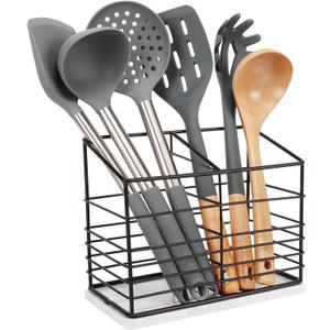 Utensil Holder for Kitchen Counter, Metal Utensil Holder Rack for Kitchen Countertop, Cooking Tools Storage for Spatula, Utensil Organizer with Marble Base, and Drainage Hole (Black Marble)