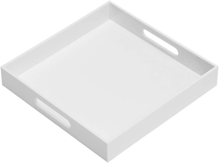 KEVLANG Glossy White Sturdy Acrylic Serving Tray with Handles-14x14Inch-Serving Coffee,Appetizer,Breakfast,Butler-Kitchen Countertop Tray-Makeup Drawer Organizer-Vanity Table-Ottoman Tray