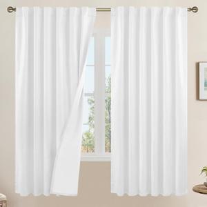 LAMIT 100% White Blackout Curtains for Bedroom, 63 Inches Linen Textured Thermal Curtains Back Tab and Rod Pocket Burlap Panels with White Liner for Farmhouse/Living Room, 2 Panels, 52 x 63 Inch