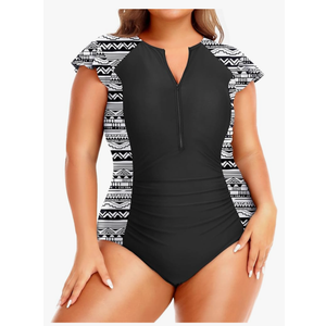 Holipick Plus Size One Piece Swimsuit for Women Tummy Control Cap Sleeves Bathing Suits Zipper Front Rash Guard Swimwear 22W