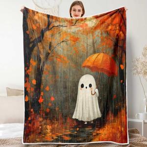 Halloween Ghost Pumpkin Throw Blankets, Cute Funny Autumn Seasonal Flannel Warm Soft Cozy Fluffy Bed Couch Blanket Fall Maple Leaves Spooky White Fleece Throws Decorate The Room Bedroom 50X60