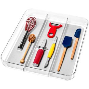 madesmart Premium 3 Compartment Clear Drawer Organizer, Multi-Purpose Storage with Soft Grip Lining & Non Slip Base, Grey