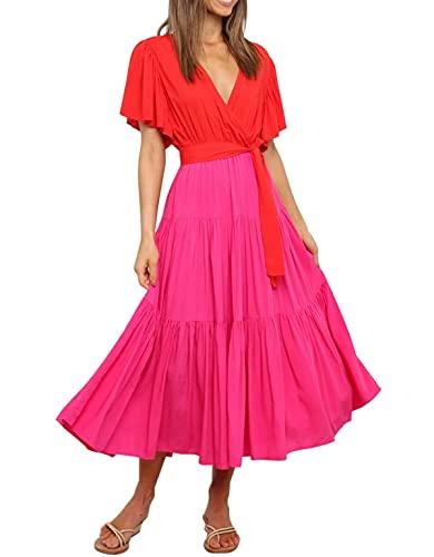 R.Vivimos Summer Dress for Women Cotton Ruffle Short Sleeves V Neck Casual Flowy Midi Dress with Belt (Medium, RedHotPink-Shortsleeve)