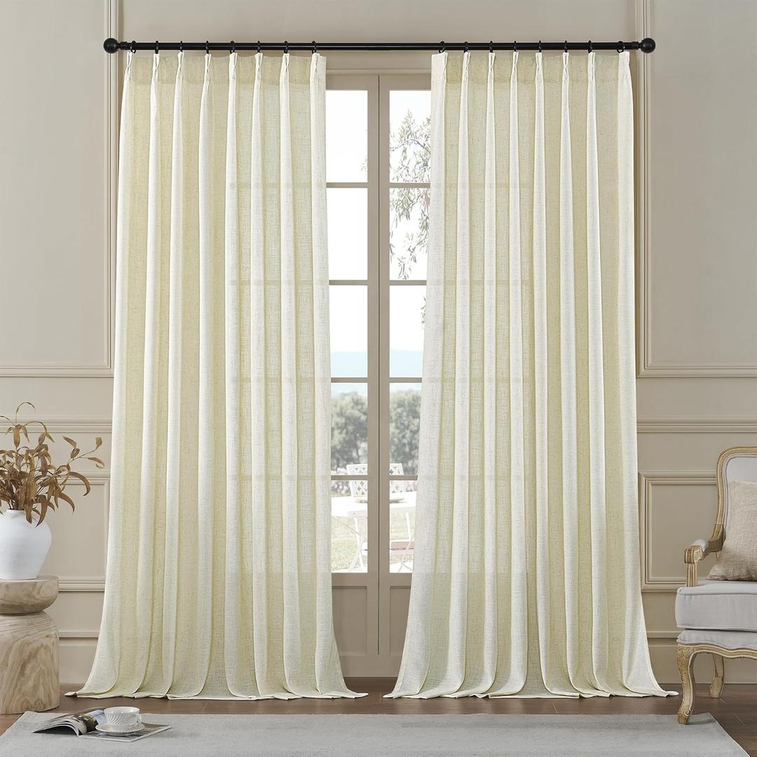 MASWOND Natural Pinch Pleated 108 Inch Curtains 2 Panels for Living Room Semi Sheer Linen Curtains Pinch Pleat Drapes for for Living Room Pinch Drapes with Hooks 50" Wx108 L (Sand Beige)