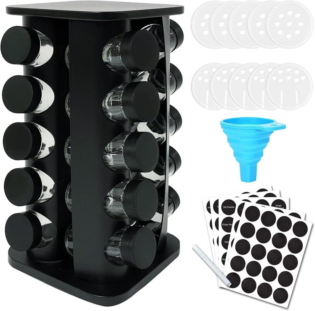 KALINCO Rotating Spice Rack, Spice Rack Organizer for Cabinet, Spice Rack with Jars(20-Jar), Revolving Spice Organizer, Spice Carousel Tower for Kitchen, Black