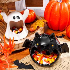 Whaline 2Pcs Halloween Candy Bowls MIni Halloween Candy Dish Candle Holder Trick or Treat Bat Ghost Ceramic Dish for Tiered Tray Ornament Tableware Holiday Party Decor Supplies Gift
