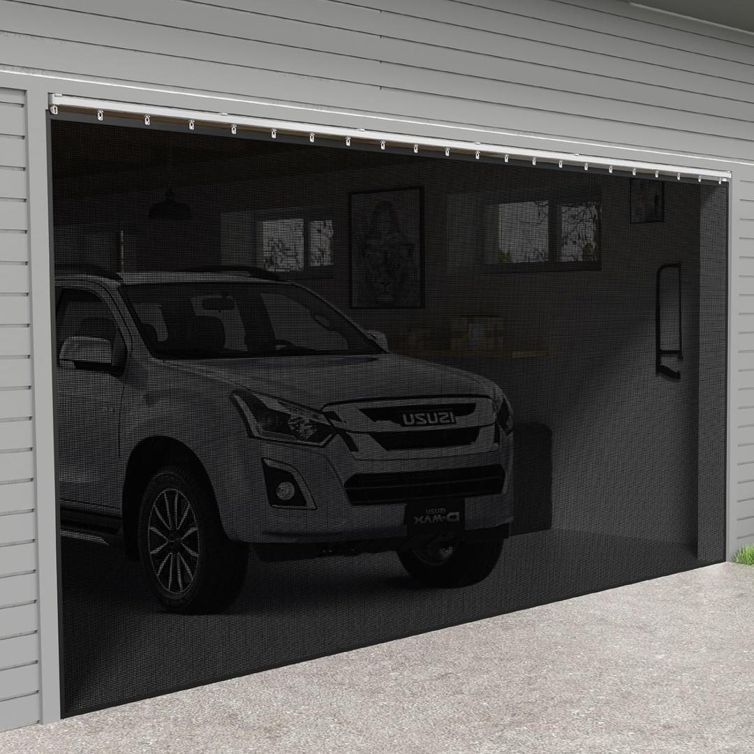 Sliding Garage Door Screen with Track Closure - Retractable Privacy Curtain Keep Annoying Animals Out Easy Install Heavy Duty Fiberglass Mesh Net for Opening Garage Patio (Black, 16 ft x 8 ft)