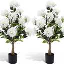 2 Pack 3ft Artificial Hydrangea Tree Faux Hydrangea Plant Indoor Outdoor Fake Flower Tree with Cement Base Pot Real to Touch Plant Decoration for Home Garden Office Housewarming Wedding(White)