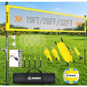 Outdoor Volleyball Net System for Backyard, Adjustable Height (5.18FT) & Width (2032FT), Anti-Sag Tension System, 2-in-1 Badminton Combo Set with Carry Bag, Rackets & Shuttlecocks