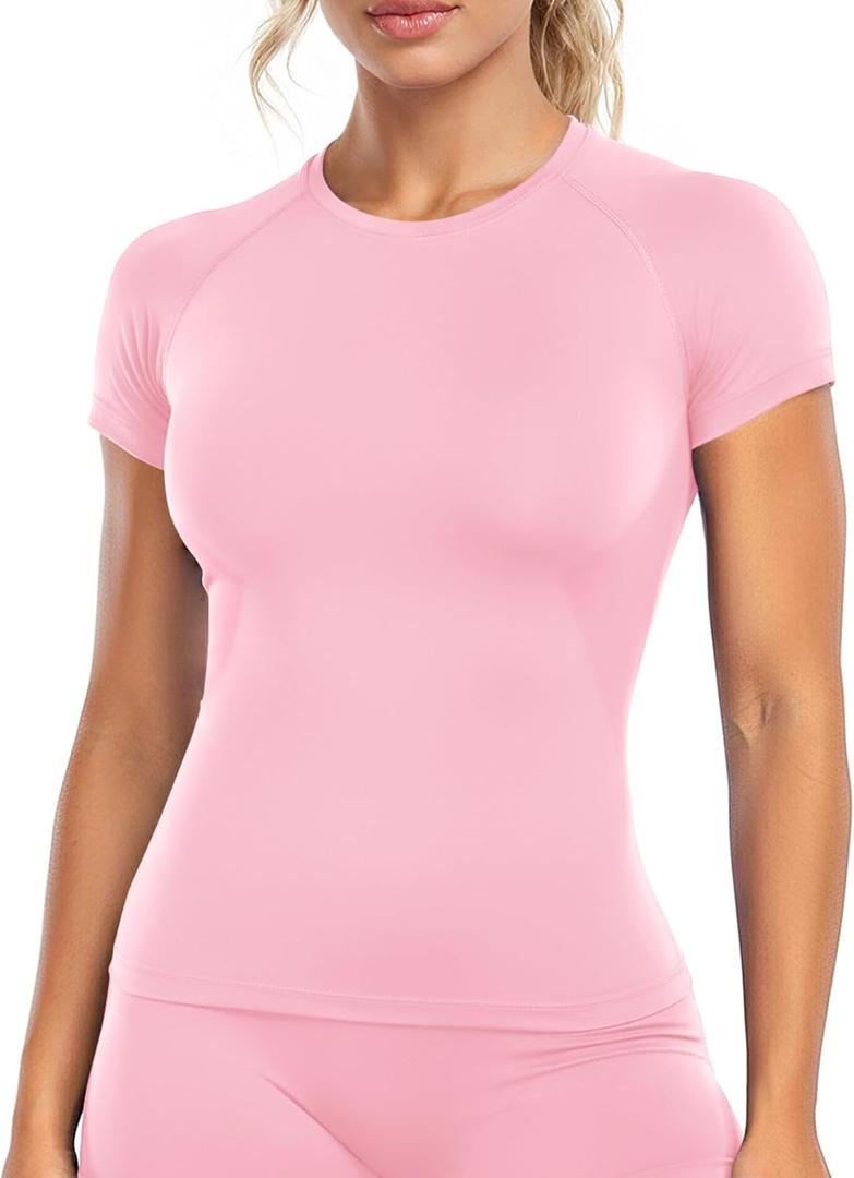 Ieumaz Gym Workout Tops for Women Short Sleeve Longline Athletic Tops Fitted Crew Neck Yoga Sports Compression T-Shirts (Medium, Light Rose Pink)