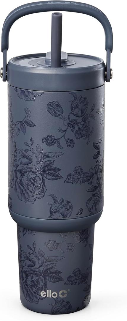 Ello Oasis Go+ 32oz Tumbler with Top Handle and Retracting Straw | Reusable Insulated Stainless Cup, 100% Leakproof Water Bottle, 24 Hours Cold, Cup Holder Friendly For Travel | Porcelain Rose Navy