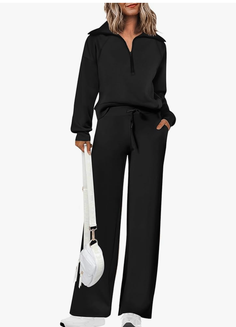 PRETTYGARDEN Women's 2 Piece Outfits Casual Lapel Half Zip Sweatshirts And Wide Leg Pants Tracksuit Sets Size L