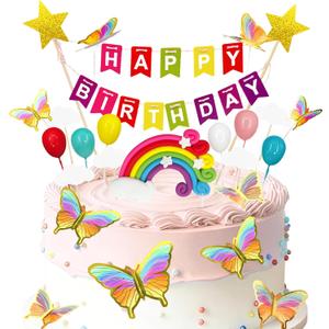 Happy Birthday Stars Banner Cake Topper - 23Pcs Butterfly Rainbow Cloud Balloon Cake Decoration for Baby Shower Birthday Party Cake Decor Supplies