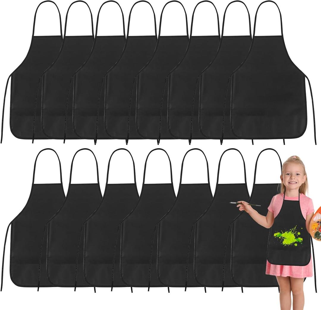 PLULON 30 Pcs Kids Apron Painting Aprons, Kids Aprons for Painting Black Aprons Art Apron Smocks Bulk for Art Activity Craft Home Kitchen Classroom Party Supplies