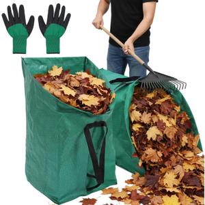 2PCS Leaf Collector, 53 Gallon Yard Waste Bags, Heavy Duty Foldable Lawn & Leaf Bags with 1 Pair Gloves, Reusable PP Large Yard Dustpan Garden Bag for Leaves Lawn Debris Trash
