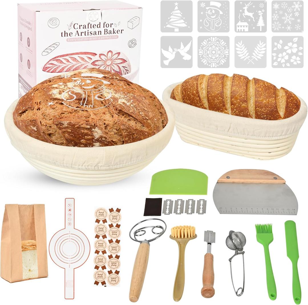 Banneton Bread Proofing Basket Set, 9" Round & 10" Oval Sourdough Bread Baking Supplies, Sourdough Starter Kit, Bread Making Tools Gift Set for Beginner Professional Bakers (Beige)