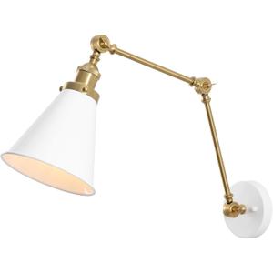 JONATHAN Y 7" White/Brass Gold Classic Industrial Metal Adjustable Arm LED Wall Sconce for Bedside Reading, Farmhouse Swing Arm Wall Lamp with Metal Shade, Hardwired (JYL7462B), Set of 1