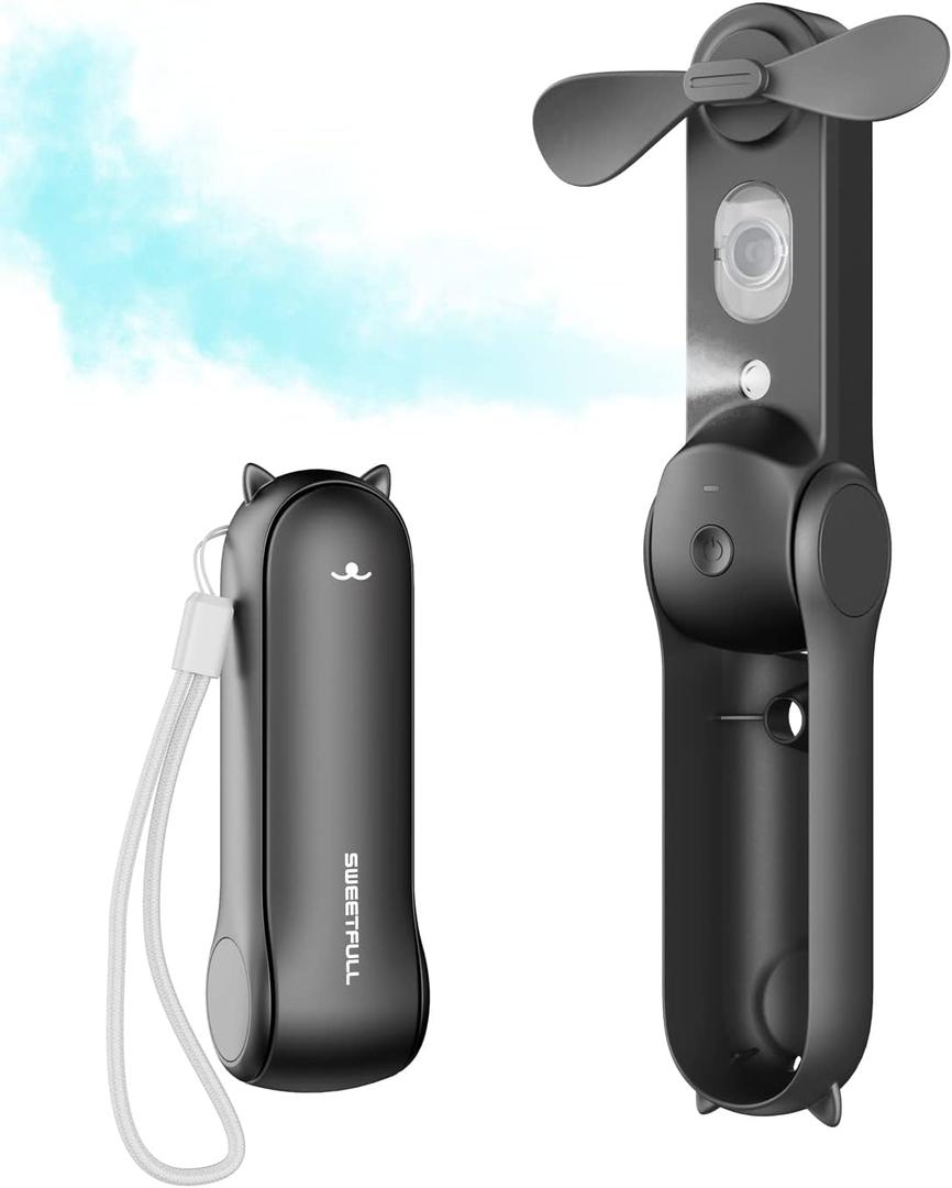 SWEETFULL Misting Fan Portable, Handheld Personal Mister Fans, Small Fan Rechargeable, Mini Spray Water Mist,Kids Women Portable Fans For Travel, Outdoors, Hiking, Camping Home Office (Black)