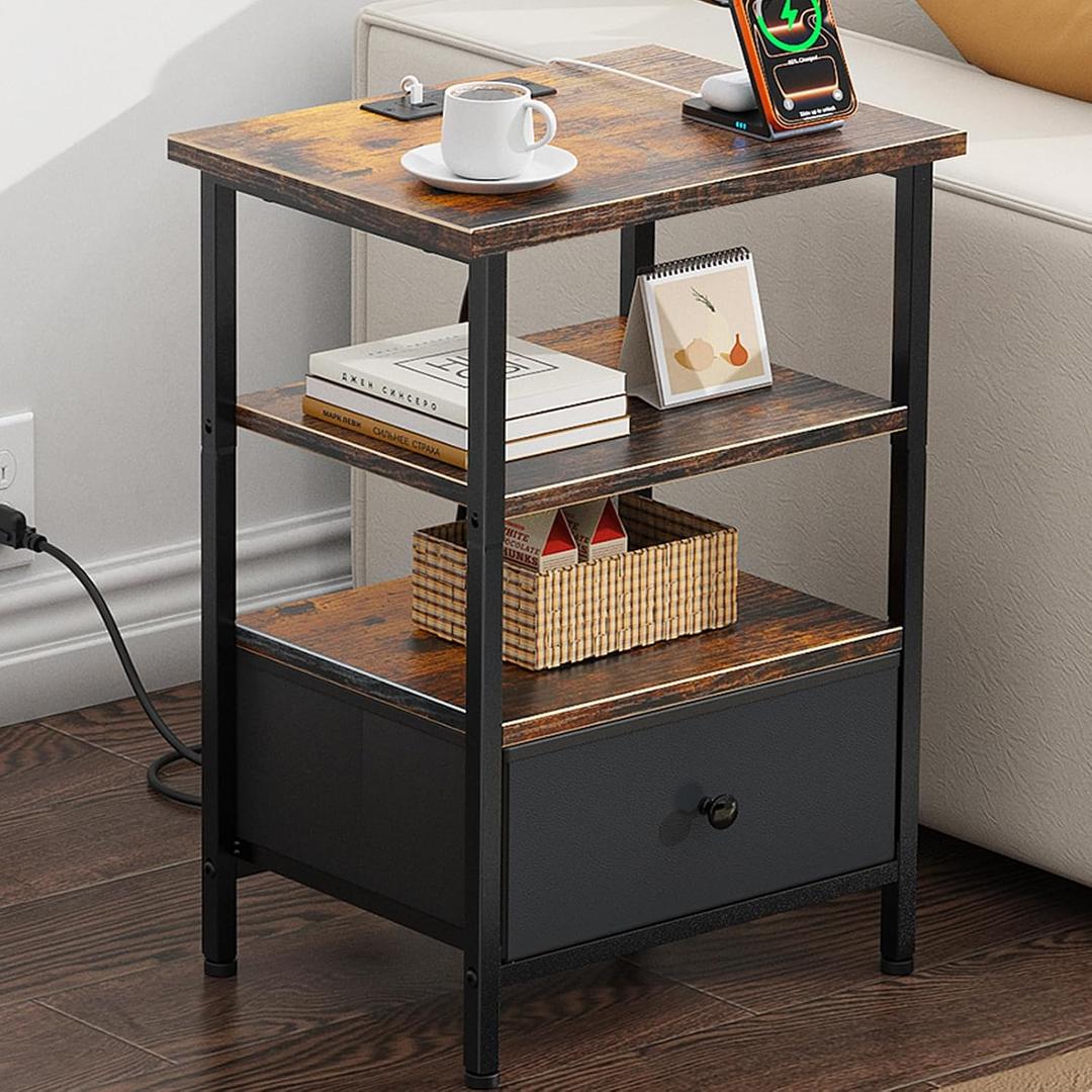Side Table with Charging Station, Nightstand with Adjustable Fabric Drawer, Bedside Table for Bedrooms, Living Rooms & Home Decor (Brown Black)