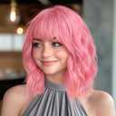 Lativ Pink Wigs for Women Bob Wig with Bangs Short Curly Wavy Shoulder Length 14 Inches Colorful Heat Resistant Synthetic Hair For Halloween Costumes Cosplay Daily Use