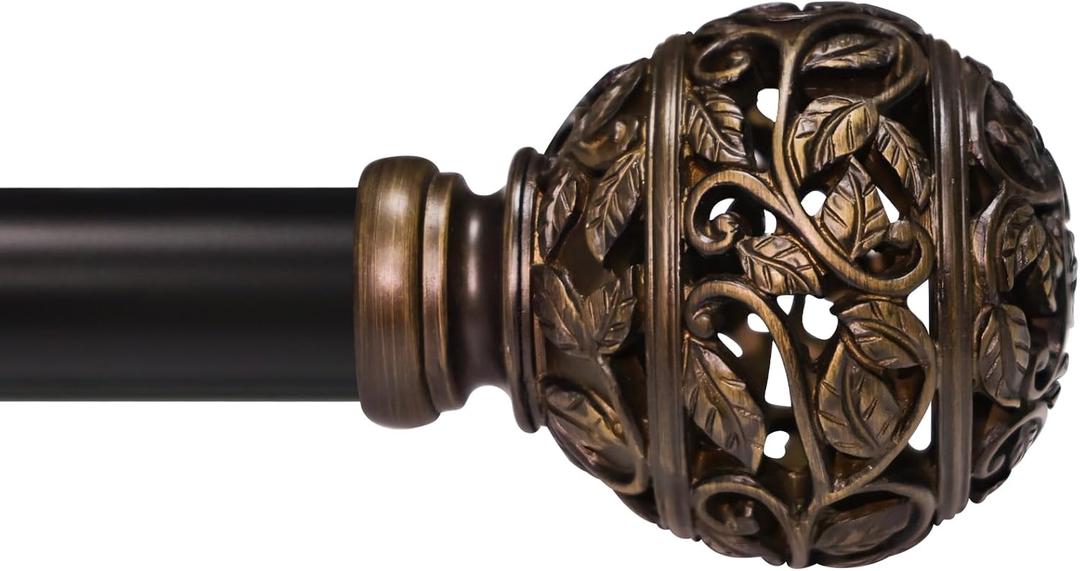 Curtain Rods For Windows 48 to 84 Inches, 1 Inch Heavy-Duty Adjustable Decorative Curtain Rods With Branches Leaves Hollow Finials For Bedrooms and Living Rooms In Farmhouses. Brown