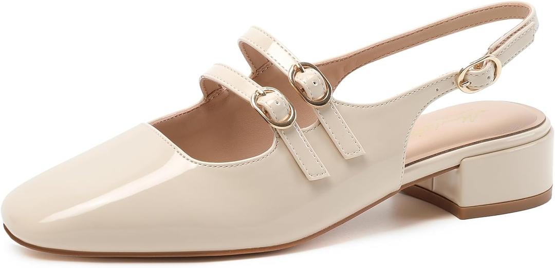 Mostrin Mary Jane Shoes Women Slingback Chunky Low Heels for Women Closed Rounded Toe Ankle Strap Pumps Daily Wedding Party Dress Shoes, Size 6