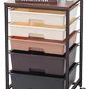 SYKIARIOL Utility Cart with 5 Drawers,Storage Drawer Cart with Wooden Tabletop and Lockable Wheels,Craft Storage Trolley Cart,5-Tier Rolling Utility Cart on Wheels,Dark Brown