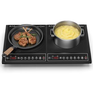 Double Induction Cooktop 1800W, Portable 2 Burner Electric Cooktop with Button Control, 10 Power Levels, 4-Hour Timer, Child Lock, Low Power Continuous Heating, 110-120V