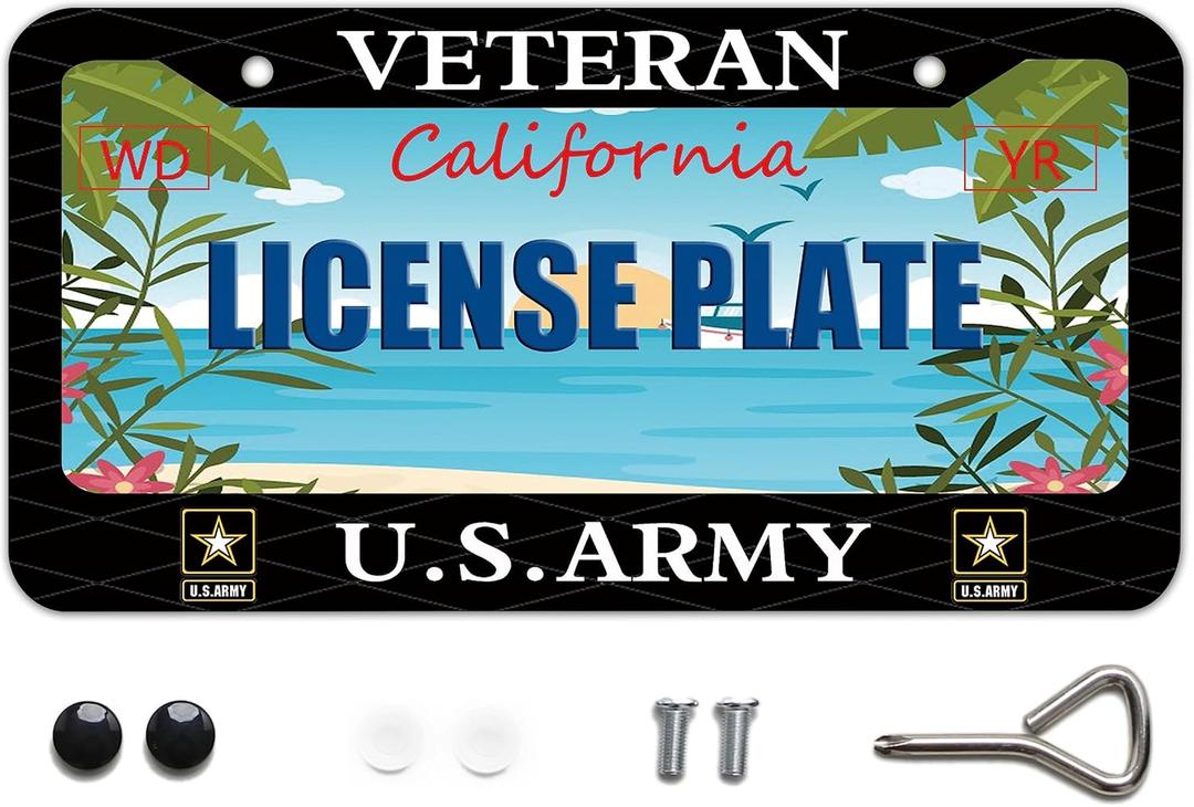 Veteran US Army Design License Plate Frame Army Decorative Stainless Steel Car License Plate Cover for Men Women Boys Girls Fans 12 X 6 Inch