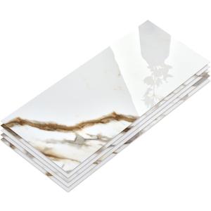 10-Sheet Subway Peel and Stick Backsplash, 12" x 24" Glossy Calacatta Gold Acrylic Self Adhesive Waterproof Wall Stickers, Stick on Tiles for Kitchen Bathroom Shower