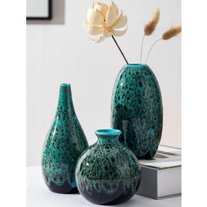 Ceramic Bud Vase Set, Fambe Blue Glazed Finish, Decorative Flower Vases (Blue-Set of 3)