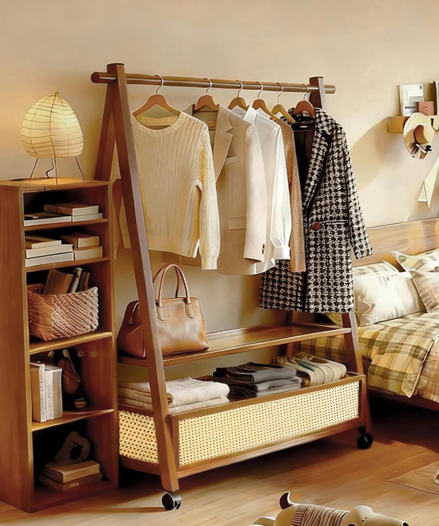 61" Heavy Duty Rolling Clothes Rack, 110 lbs Capacity Solid Bamboo Garment Rack with Double Layer Shelf, Portable Wardrobe & Wood Coat Rack for Bedroom, Laundry, Closet (Walnut)