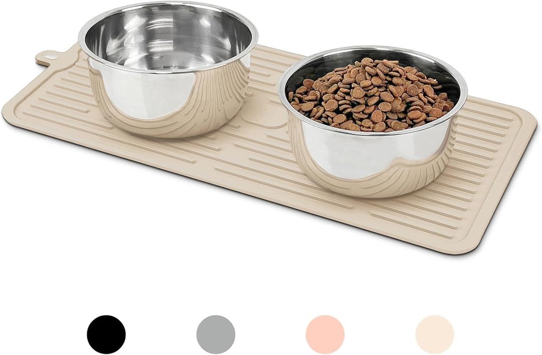 Ptlom Pet Placemat for Dog and Cat, Anti-Slip Waterproof Dogs Feeding Mat Prevent Food and Water Overflow, Bowl Mats Suitable for Medium and Small Pets, Beige, Silicone (18.3"L x 7.9"W)