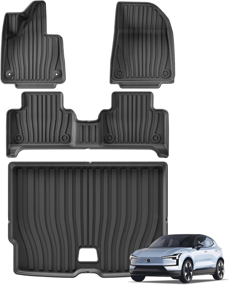 SMABEE Floor Mats & Cargo Liner for 2024 2025 2026 Volvo EX30 | 2026 EX30 Accessories,All Weather Floor Liner,1st & 2nd Row,Car Mats,Cargo Mat,Heavy Duty,Non-slip,TPE,Black