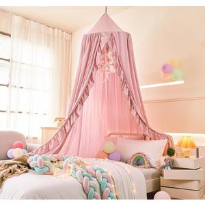 Mengersi Bed Canopy for Girls,Ruffled Canopy Bed Curtains Canopy for Girls Room,Hanging Canopy Princess Play Tent for Reading Nook Play Room Decor (Beige Pink)
