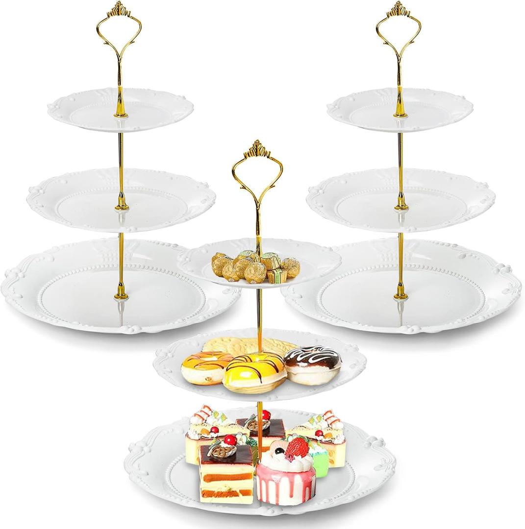 Fasmov 3 Pack Plastic Cupcake Stand, 3 Tier Cupcake Stand Dessert Plates Cake Fruit Candy Display Tower Reusable Pastry Platter for Wedding Birthday Baby Shower Tea Party Decorations - White