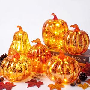6 Pack Light Up Glass Pumpkin with Timer Fall Decor, Orange