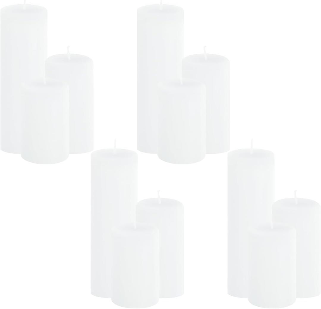 12-Pack White Pillar Candles Bulk Set - 2x3, 2x4, 2x6 Inch Unscented Dripless Pillar Candles for Weddings, Home Decor & Centerpieces - Clean Burning Smokeless Decorative Candles