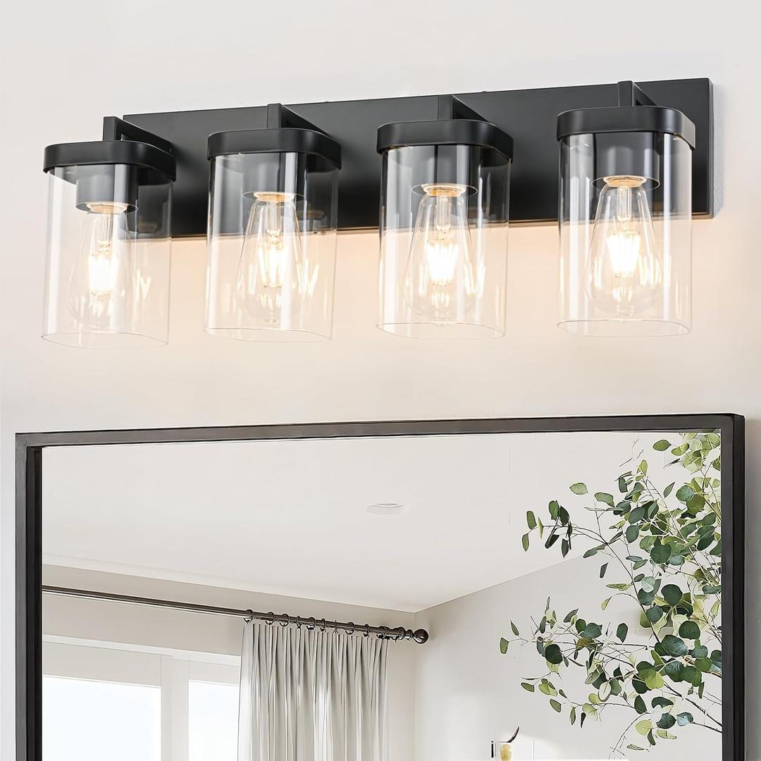 4-Light Bathroom Lighting Fixtures over Mirror, Matte Black Vanity Lights with Square Transparent Glass Shade. Modern Bathroom Vanity Light for Mirror Kitchen, Living Room, Gallery, Hallway
